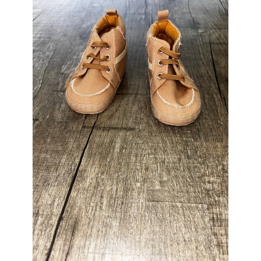 Infant Tan Canvas High Top Crib Shoes Soft Sole Pre-Walker Size 3